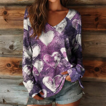 Women's Valentine's Day Blouse Long Sleeve V-Neck with Heart Print Casual and Romantic Style