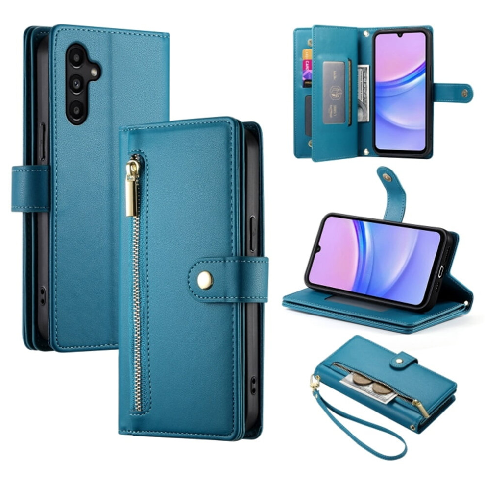 Leather Wallet Case For Samsung Galaxy A15 4G/5G (6.5"), With Multi-Card Slots, Zipper Pocket, Lanyard Strap Â Compatible With Galaxy A15 Blue 9152228534261
