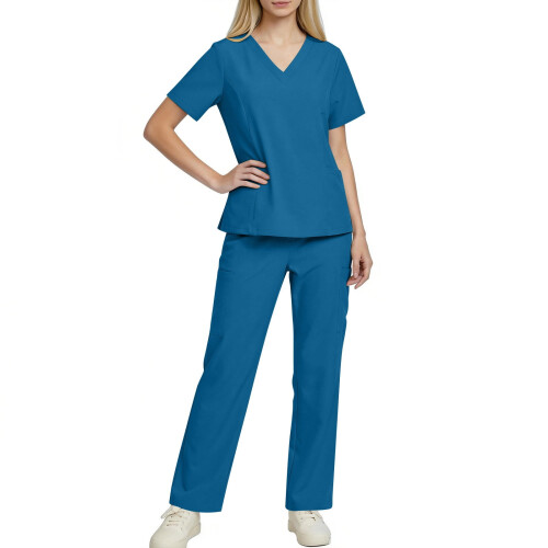 asdoklhq Plus Size Scrubs Γυναικείο Φόρμα Νοσοκόμας με Κοντομάνικο, Μονόχρωμο, Τσέπη και V-Neck,