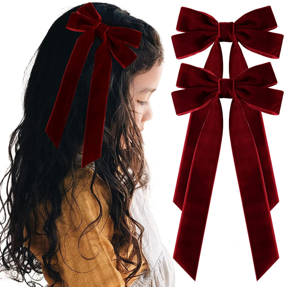 Unisex Red 2Pcs Velvet Hair Bows Hair Ribbon Clips Big Fall Alligator Clips Hair Accessories For Women Girls