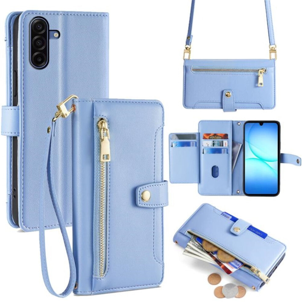 Leather Wallet Case For Samsung Galaxy A16 5G 6.7" Â 6-Card Holder, Zipper Bills Slot, Soft Sheepskin Strap, Blue 9152228535701
