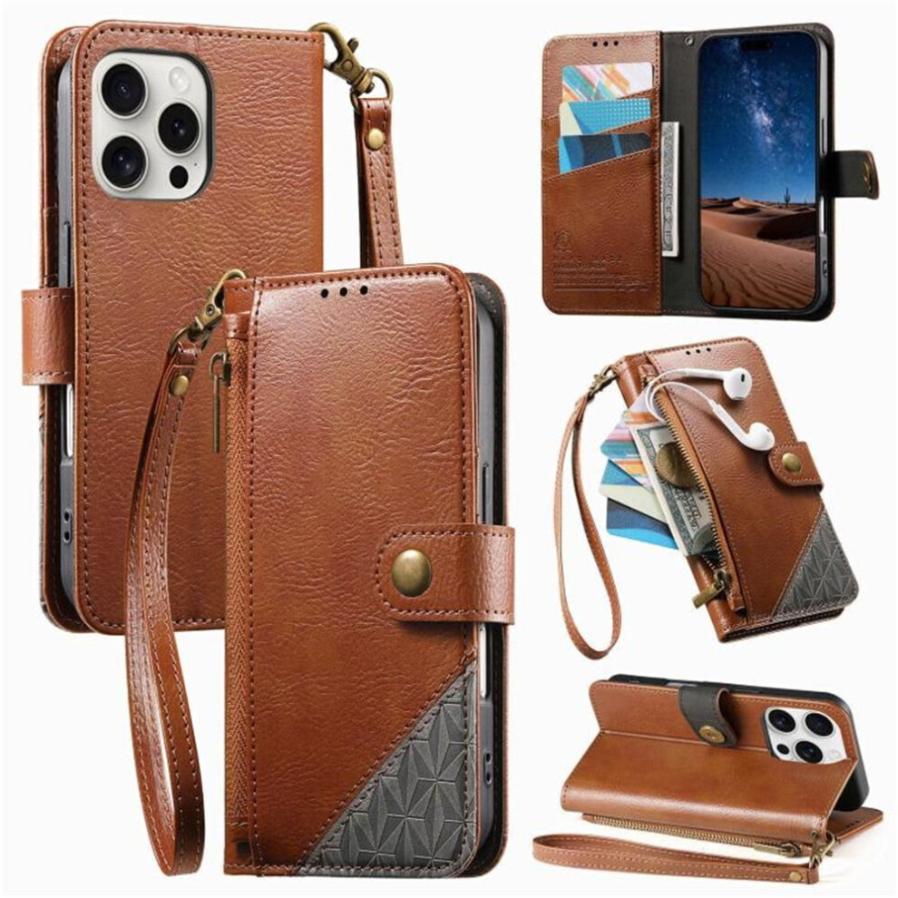 Compatible With Iphone 16 Pro: Patchwork Pu Leather Magnetic Flip Wallet With Lanyard, Wristlet & Zipper Card Holder 9152228535398