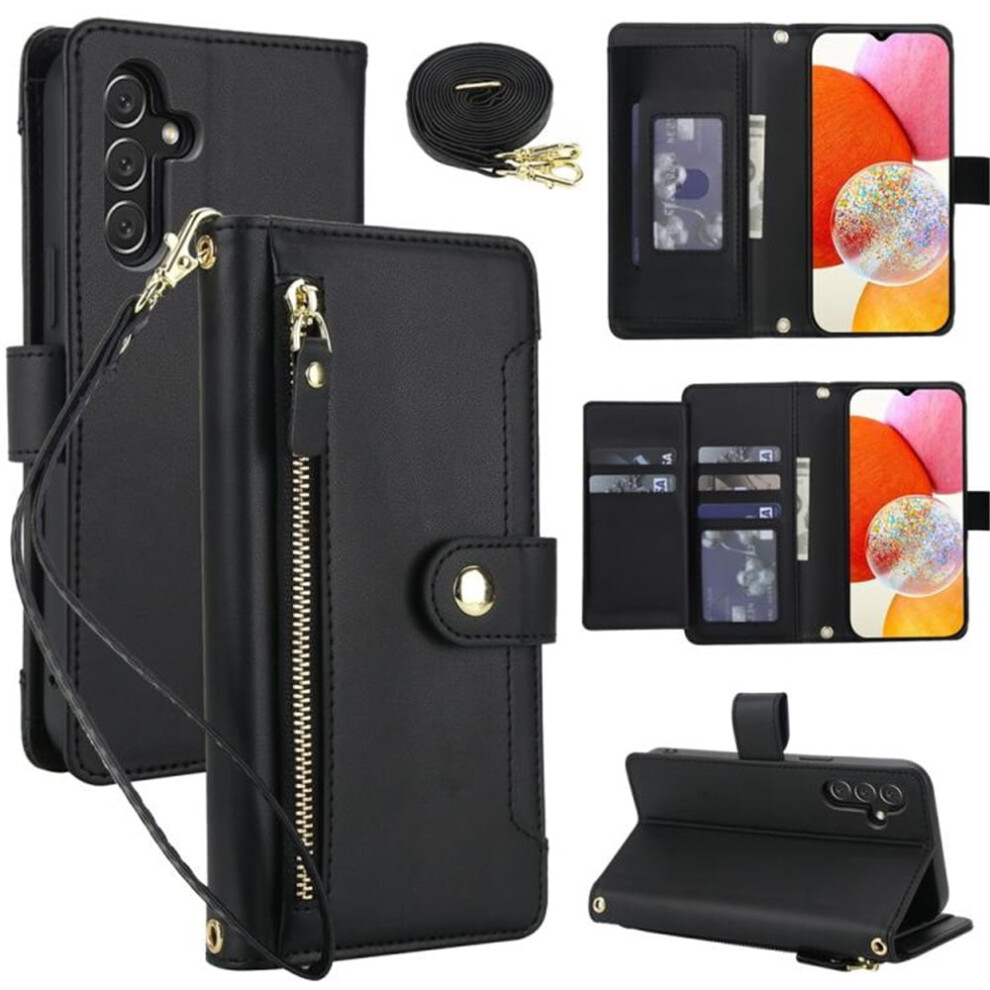 Rfid Blocking Wallet Case For Samsung Galaxy A14 5G/4G (6.6"), With Multi-Card Slots, Zipper Pocket, Detachable Straps, Shockproof Â Black 9152228535879