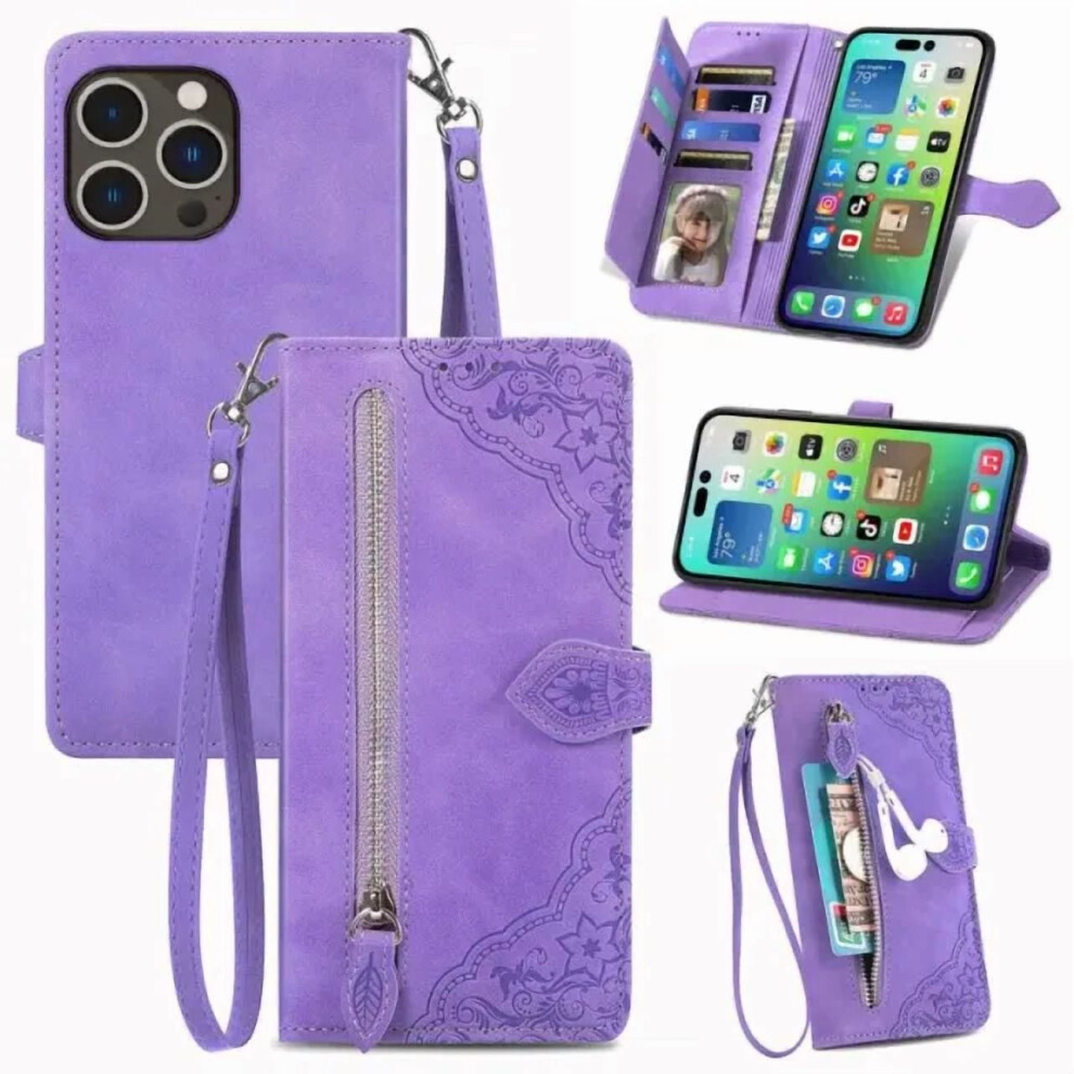 Magnetic Leather Wallet Case With Zipper, Kickstand & Wrist Strap For Iphone 14 Pro Max (6.7"), Purple 9152228537422