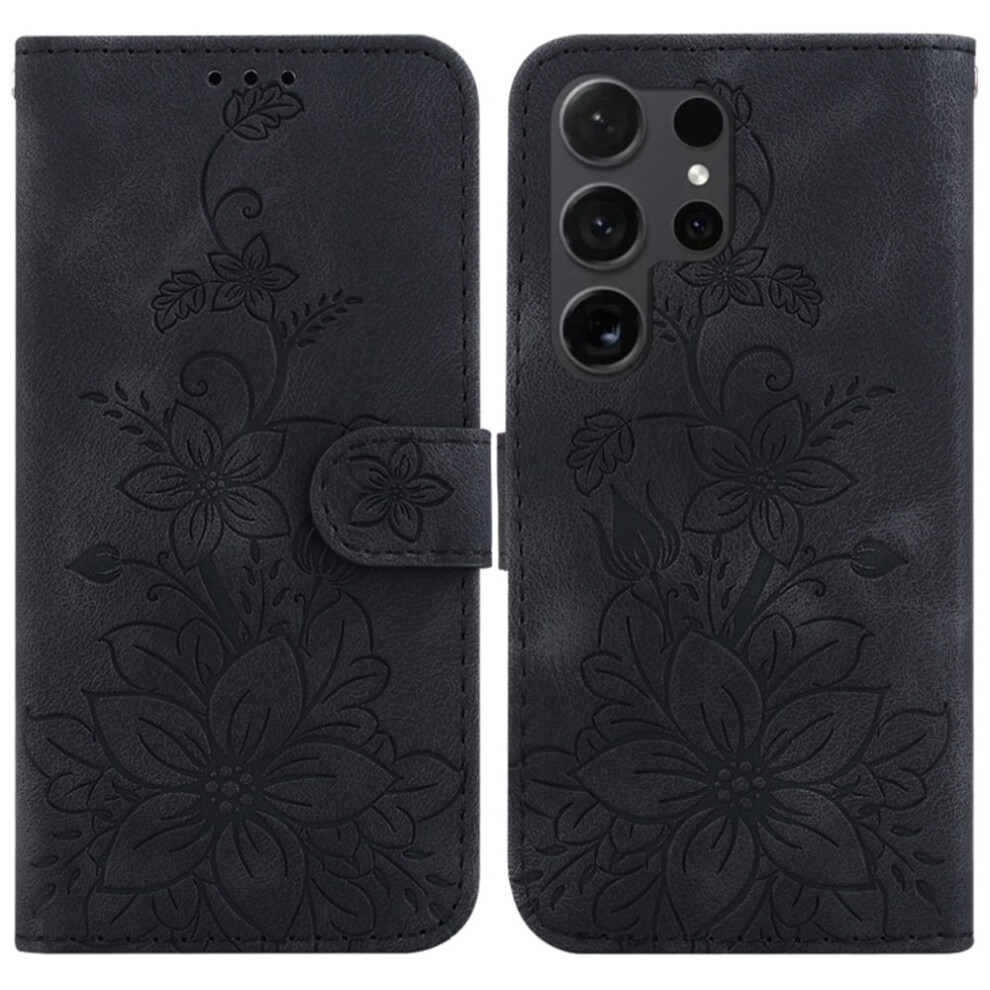 Magnetic Pu Leather Flip Wallet Case For Samsung Galaxy S25 Ultra 5G 6.9", With Card Slots & Lily Embossed Closure Black 9152228537408
