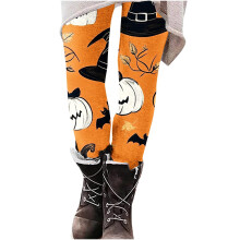 Leggings tobilleros cepillados para mujer con calavera de fantasma de calabaza
