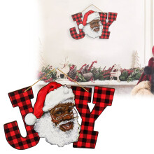 Black Santa Decor, Wooden Joy Sign, African American Christmas Ornament with Red Buffalo Plaid – Indoor/Outdoor Holiday Decor