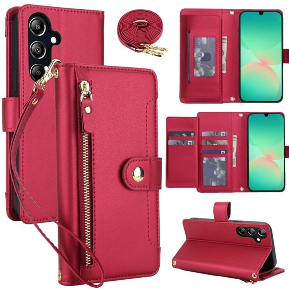 Rfid Blocking Wallet Case For Samsung Galaxy A17/A26/A16 (6.7"), Â Shockproof, Multi-Card Slots, Zipper Pocket, Detachable Shoulder & Wrist Red 9130661933759