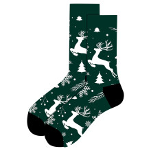 Men's Christmas Socks – Green Snowflake & Elk Print, Cotton-Padded Mid-Calf, Warm & Breathable, Casual Sports Leisure Design