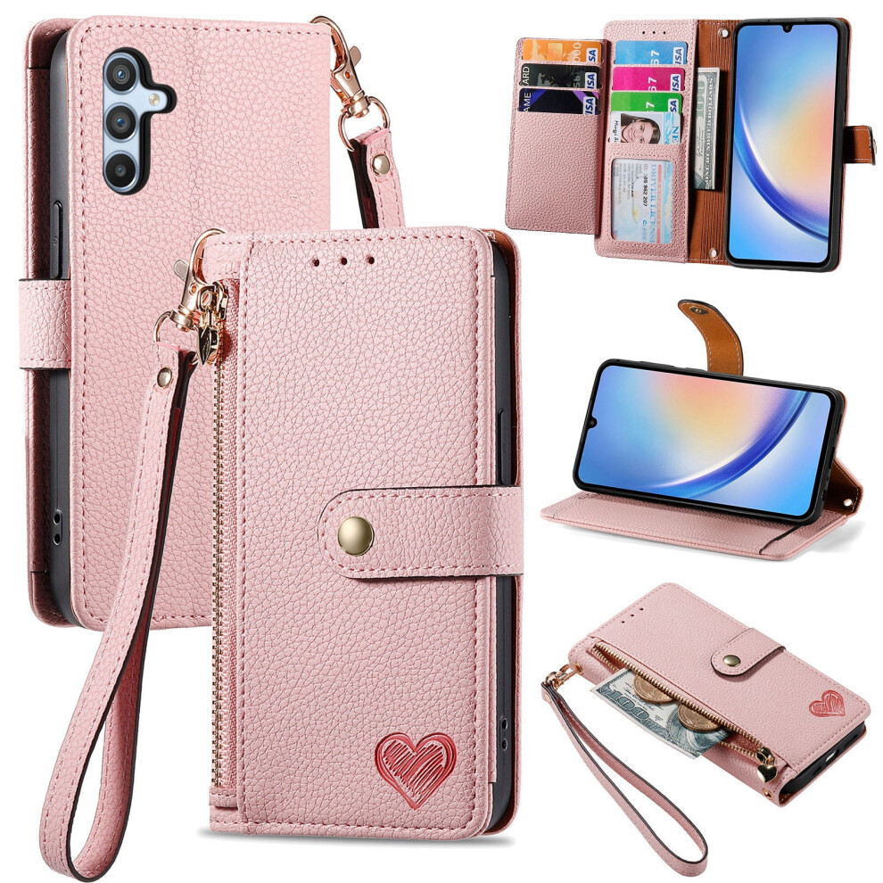 Leather Zipper Wallet Case For Samsung Galaxy A15 5G Â Magnetic Flip, Rfid Blocking, Wristlet Strap & Kickstand Pink 9130661936316