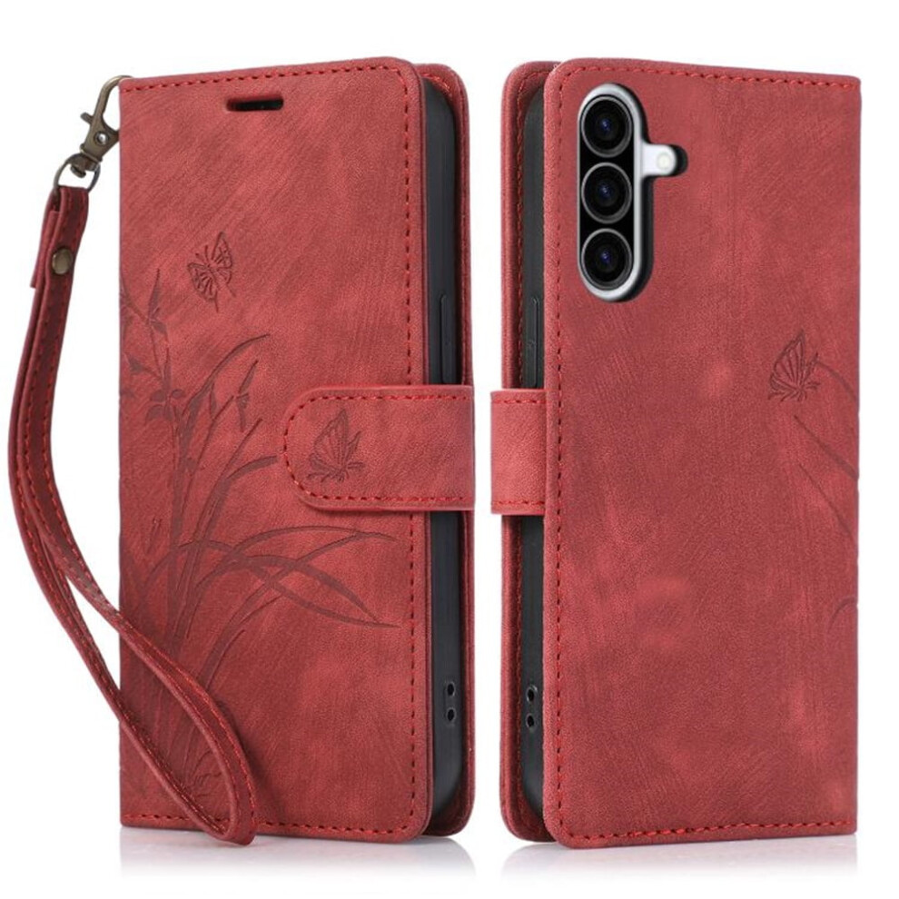 Leather Flip Wallet Case For Compatible With Samsung Galaxy A36 5G Â Orchids & Butterflies Embossed, 3-Card Holder, Magnetic Closure, Red 9130661935173