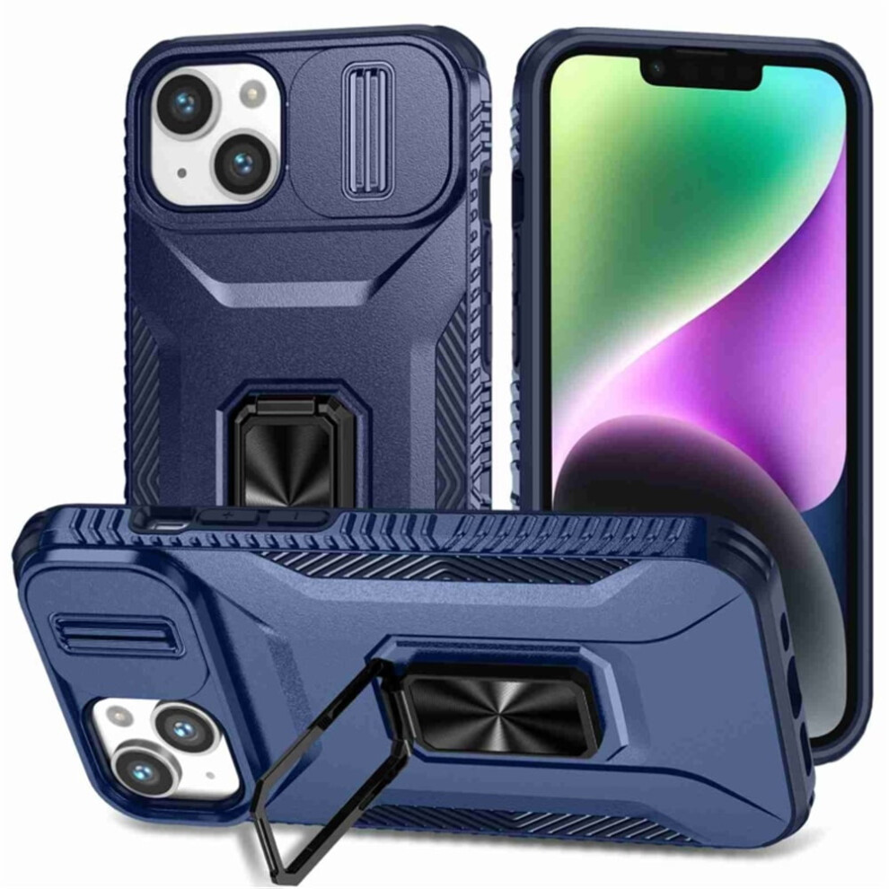 Slim Shockproof Hybrid Case For Iphone 14 Plus (6.7") – Military-Grade, Slide Camera Cover & Rotating Ring Kickstand, Blue 9130661934305