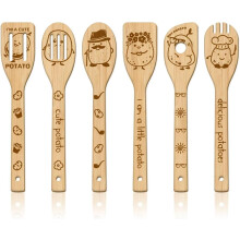 Conjunto de 6 colheres de madeira divertidas em formato de batata – Utensílios de cozinha esculpidos em bambu, espátulas gravadas, presente para