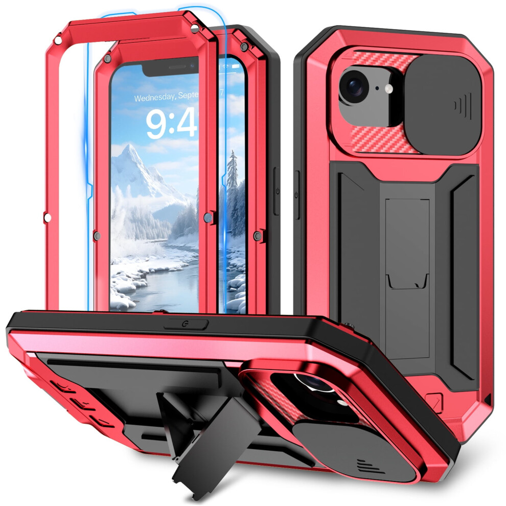 Iphone 16E Case With Sliding Camera Cover, Rugged Military-Grade Metal-Rubber, Built-In Screen Protector & Stand Â Red 9165521647019