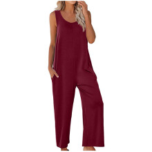Macacões sem mangas para mulheres, macacão casual de verão com decote redondo, calças de pernas largas e bolsos.