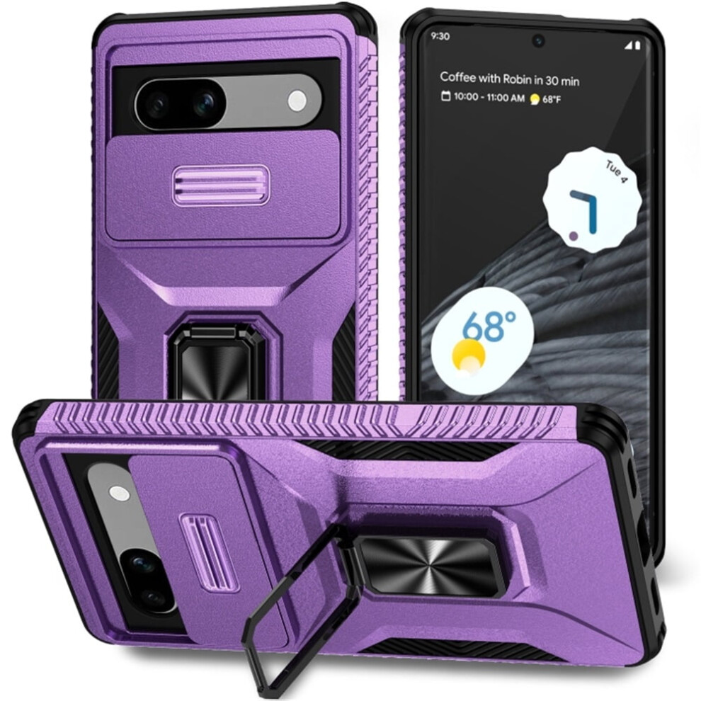 Slim Shockproof Hybrid Case For Google Pixel 7A – Slide Camera Cover, Rotated Ring Kickstand, Military-Grade, Compatible With Google Pixel Purple 9165521646791