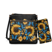 Set aus Leder-Umhängetasche und Geldbörse mit Sonnenblumen- und Schmetterlingsmuster für Damen, Mehrfachtasche mit verstellbarem Riemen für
