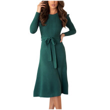 Strickkleid für Damen, langärmelig, mittellang, gerippt, Rundhalsausschnitt, einfarbig, mit Gürtel