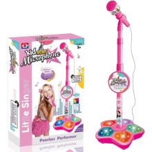 Novo brinquedo infantil multifuncional com microfone, suporte, música integrada, luzes, eco e máquina de karaokê portátil (rosa) – Compatível