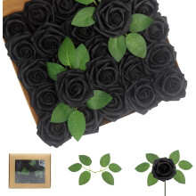 100 roses en mousse noire avec feuilles – Fleurs artificielles réalistes pour bouquets de mariage, décorations de fêtes et enterrements de vie