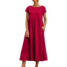 Midi-Kleid für Damen, einfarbig, ärmellos, locker geschnitten, aus Baumwolle, mit Tasche, Rundhalsausschnitt, rot, Größe XL