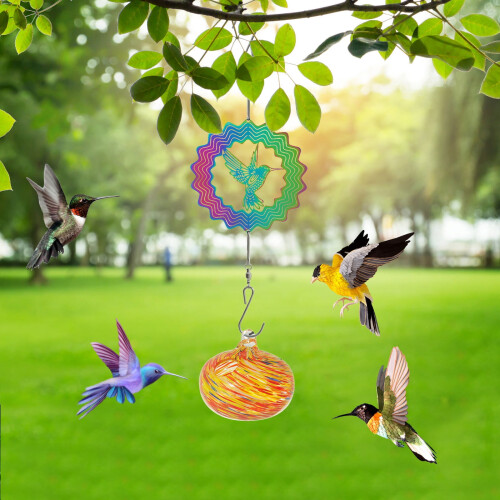 Hummingbird-shaped hanging bird feeder with wind chime 2