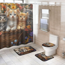 4 Pcs Cute Cats Bathroom Shower Curtain Set with 12 Hooks Bath Mat Toilet Lid Cover