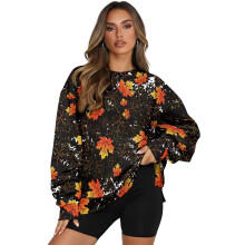 Pullover-Top mit Ahornblatt-Print für Damen, modisches Oversize-Sweatshirt mit Rundhalsausschnitt und langen Ärmeln, Größe L