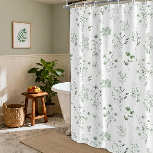 Boho douchegordijn met aquarelprint en eucalyptus, 60x72 inch 1