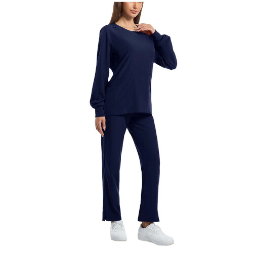 Women's Solid Scrubs Set Navy Loose Trousers and Long 1