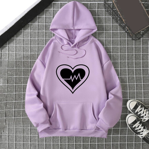 Γυναικεία oversized casual φούτερ με κουκούλα και σχέδιο καρδιάς, χαλαρή εφαρμογή, 1
