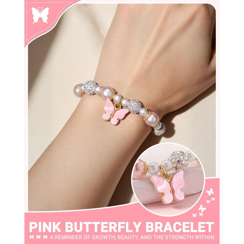 Bracciale regolabile da 5,5 a 9 pollici con farfalla rosa e perle. 1
