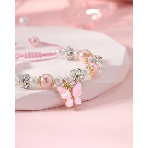 Bracciale regolabile da 5,5 a 9 pollici con farfalla rosa e perle. 2