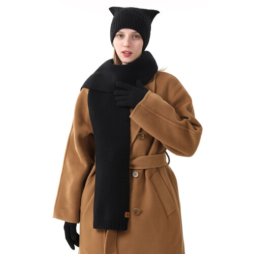 Conjunto feminino de gorro, cachecol e luvas em tricô trançado 1