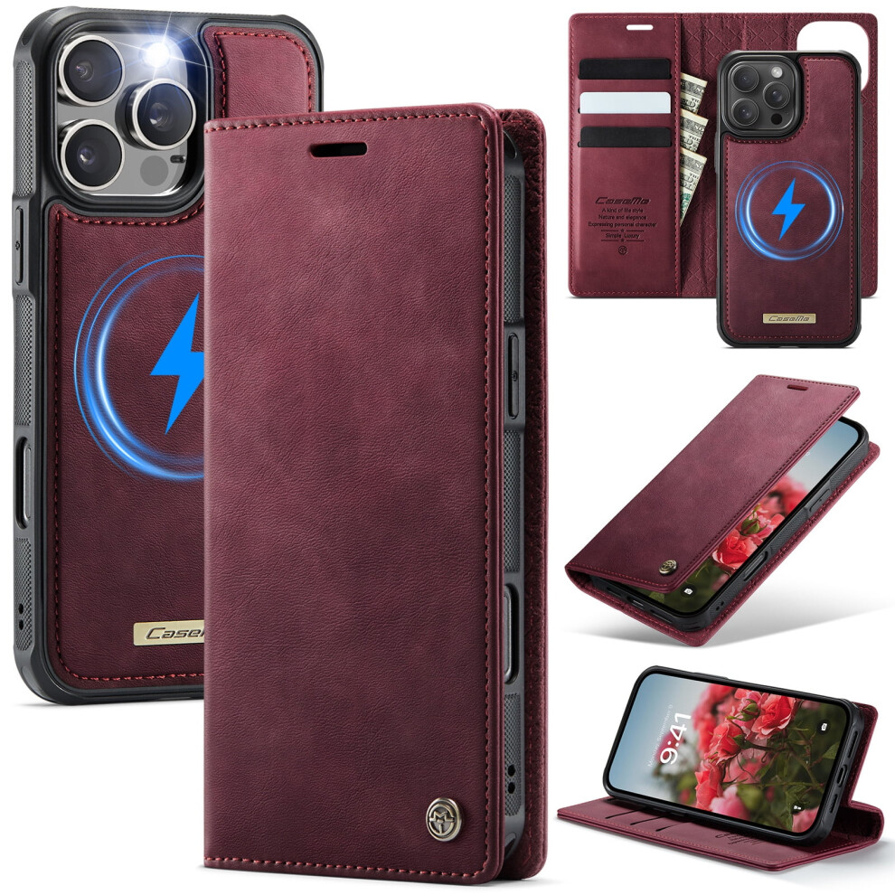 Caseme Wallet Case For Iphone 12 Pro Max (6.7") Â Magsafe Compatible, Rfid Blocking, Flip Stand, Shockproof, Magnetic Detachable, Wine Red 9170372145201