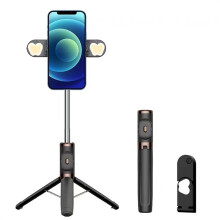 Asta per selfie telescopica con treppiede, moduli luce LED rimovibili e funzione di scatto rapido Bluetooth.