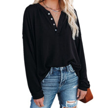 Damen-Tunika-Tops, langärmelig, V-Ausschnitt, lässig, Henley-Stil, Knopfleiste, dehnbarer Stoff, weich und bequem, schmeichelhafter und eleganter
