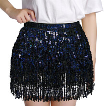 Women's Sequined Tassel Dance Skirt, Adjustable Waist Hip Scarf for Belly Dance, Rave & Festival – Black, One Size, Compatible with All Standard