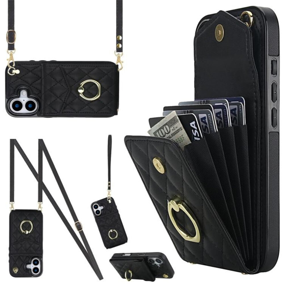 Premium Pu Leather Iphone 16 Case Â Accordion Wallet, Rfid Shielding, Adjustable Ring Holder, Detachable Crossbody & Wrist Strap, Black 9558633055542