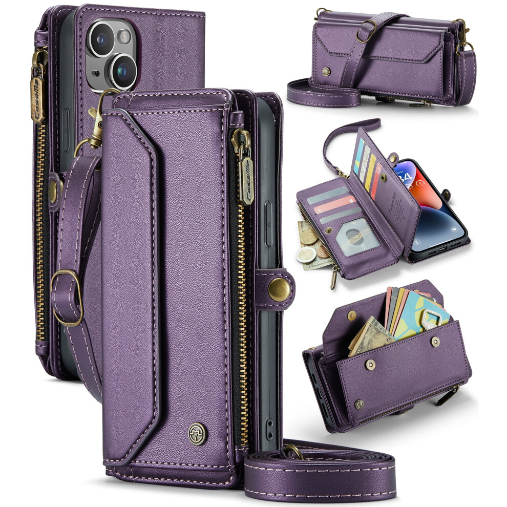Caseme Leather Wallet Case For Iphone 14 Plus 6.7" Â Rfid Blocking, 10-Card Holder, Zipper Bills Slot, Magnetic Wrist Strap 9485826640509