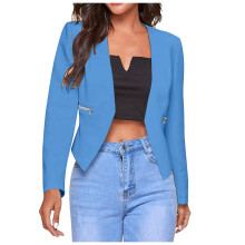 Cotton Linen Blazers for Women 3/4 Sleeve Casual Lapel Suit Jackets Open Front Single Button Office Formal Cardigan Blue, XXL