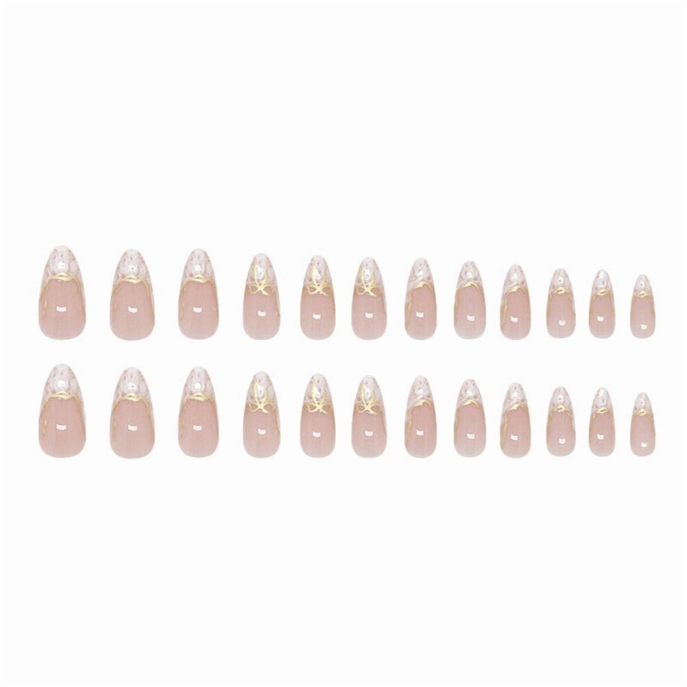Almond Press on Nails, Almond 3D Fake Nail, Bow Nails Press ons with Gold Line Design, Artificial Stick on Nails for Women 24Pcs