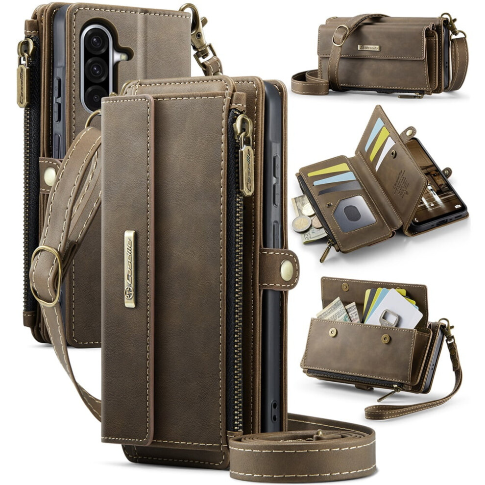 Caseme Wallet Case For Samsung Galaxy A56 Â Rfid Blocking Pu Leather Flip Cover With Kickstand, Wrist Strap, Zipper & Card Slots, Coffee Brown 9485826640745