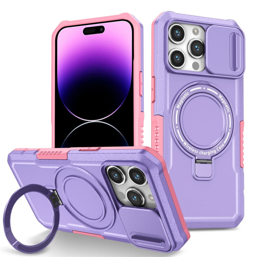 Shockproof Case For Iphone 14 Pro Max 6.7": Sliding Camera Cover, Magsafe Compatible, Hidden Kickstand & Ring Holder Purple 9485826641070