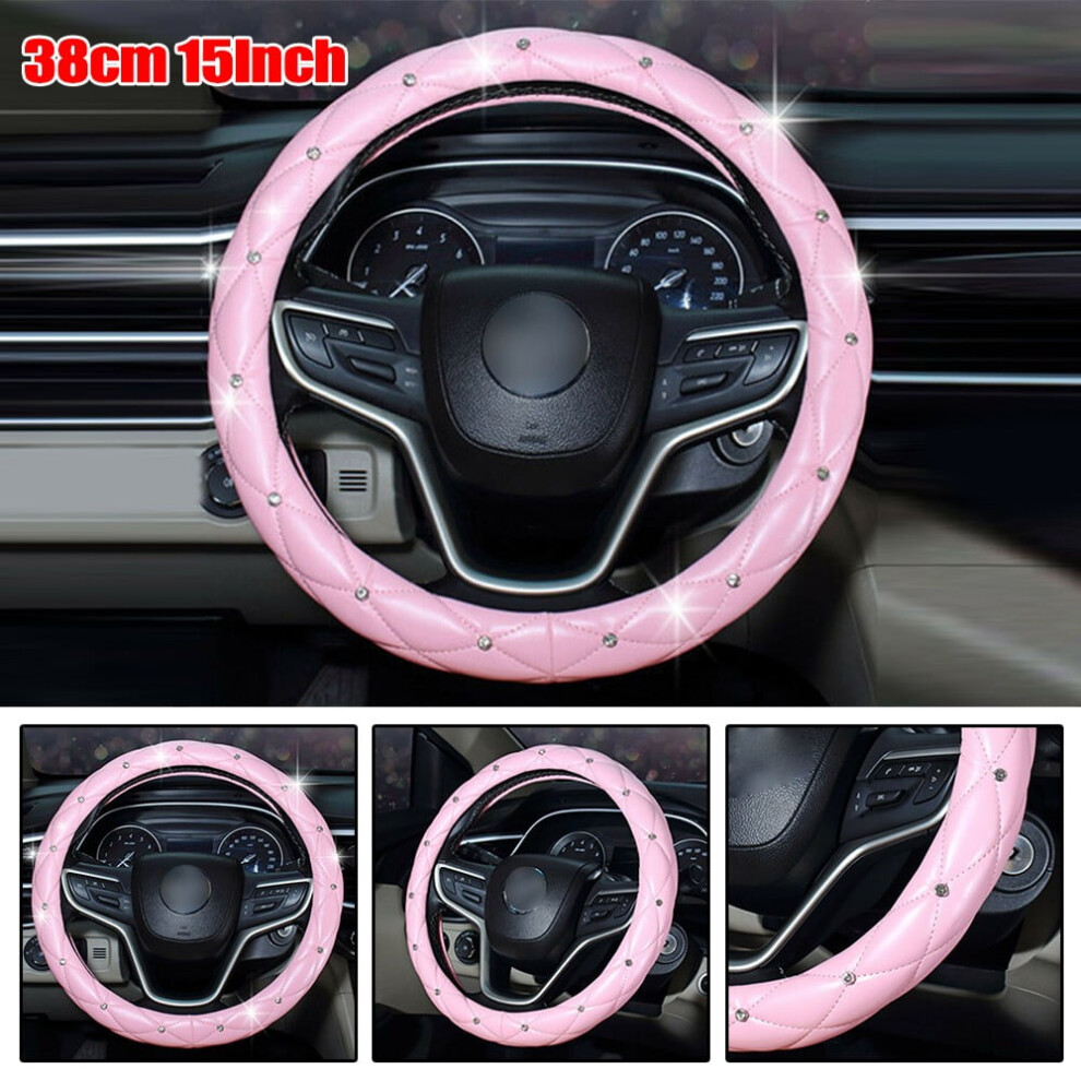 Car Steering Wheel Cover 38Cm/15Inch Pu Leather Bling W/ Rhinestone Decor Pink 9485826643203