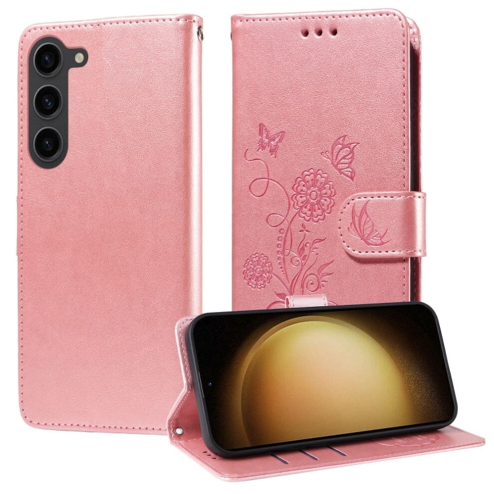 Embossed Butterfly Flower Flip Case For Samsung Galaxy S23+ 5GâShockproof, Kickstand, Card & Cash Slots Pink 9485826641421
