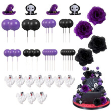 44pcs Halloween Cake Toppers: Gothic Roses, Ghosts & Balloons – Party & Birthday Decor