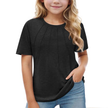 Girls Pleated T-Shirts Kids Summer Short Sleeve Solid Color Tops Tees Black 9-10 Years