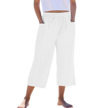 Teen Girls Capris Pants Summer Loose Comfy Cotton Linen Straight Wide Leg Drawstring Elastic Waist Solid Cropped Pant White 13-14 Years