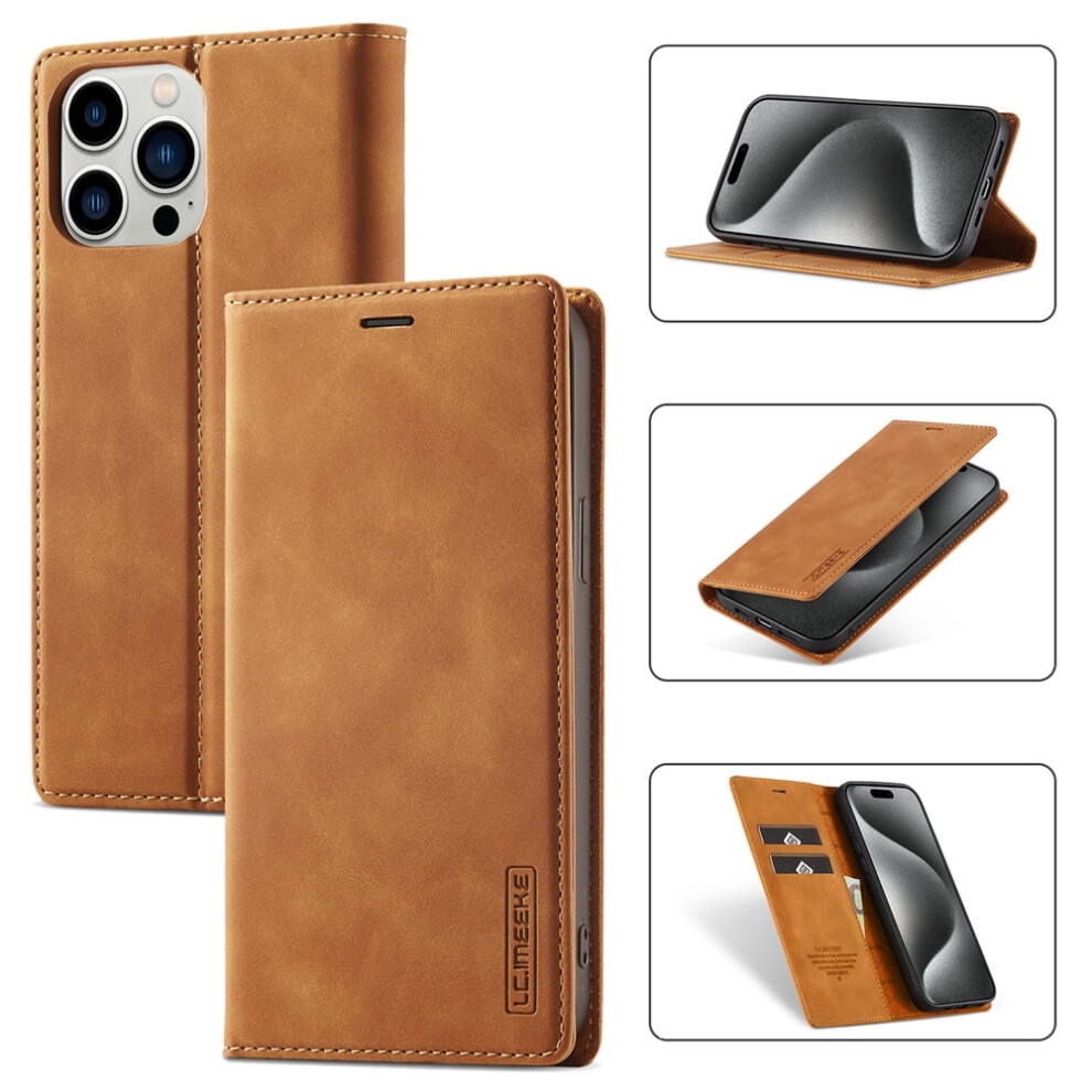Leather Flip Wallet Case For Iphone 15 Pro Max Brown 9152228946453